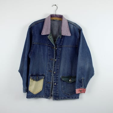 Vintage 90s Denim Work Coat - Button Front - Color Denim Accents - Dark Stone Wash 