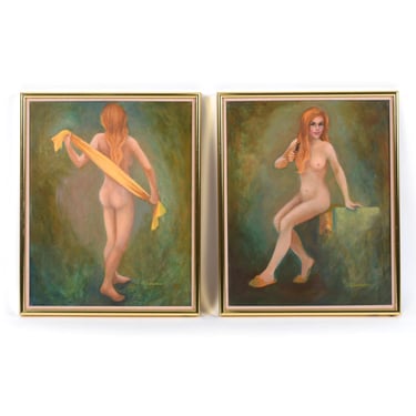 Diptych Pair of Vintage Figural Female Paintings by J.Z. Swanson 