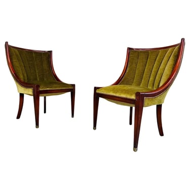 Neoclassical Sally Sirkin Lewis Channel Back Mahogany & Velvet Slipper Chairs 