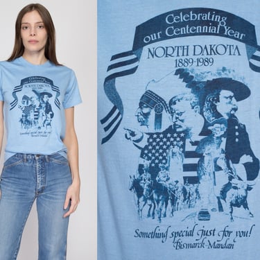 Small 80s North Dakota Centennial T Shirt | Vintage 1989 Blue Theodore Roosevelt Graphic Tourist Souvenir Tee 