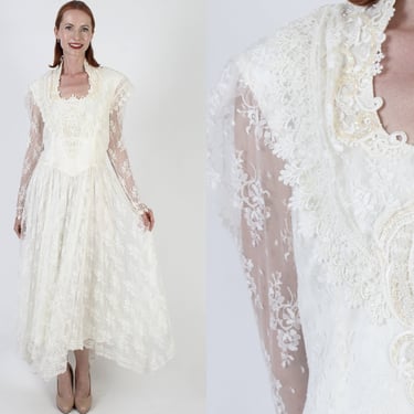 Jessica McClintock Asym Hem Lace Wedding Dress, 80s Designer Victorian Inspired Gown, Vintage Gunne Sax Hi Lo Bridal Size 12 