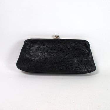 Vintage Pebbled Leather Clutch Mid Century Gold Framed Purse Black Leather Handbag Clutch Bag with Kiss Clasp Closure 