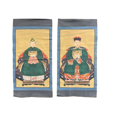 Pair Chinese Canvas Color Ink Royal Lady Gentleman Ancestor Paint Art ws2126E 