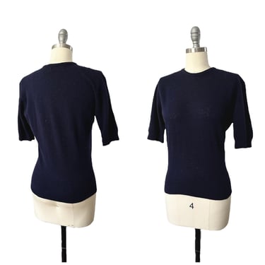 40s Navy Blue Wool Short Sleeve Sweater / 1940s Vintage Blouse Top Shirt Cardigan 50s / Medium to Large 