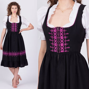 Vintage Black Dirndl Folk Dress - Medium | 80s Oktoberfest German Trachten Boho Embroidered Pinafore Midi 
