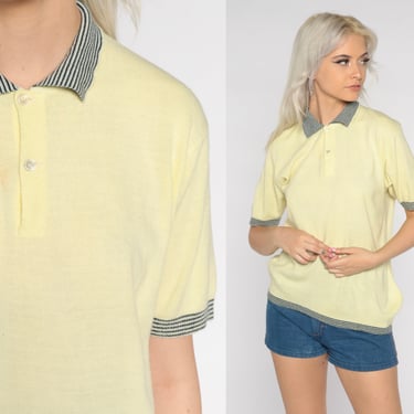 Yellow Knit Polo Shirt 80s Woven Top Retro Short Sleeve Collared Preppy Hipster Normcore Pastel Ringer Vintage 1980s Acrylic Mens Medium M 