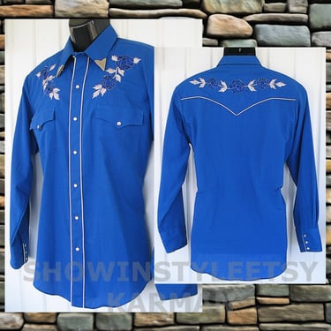 Karman Vintage Western Men's Cowboy, Rodeo Shirt, Navy Blue with Embroidered Blue & White Flowers, 16-34, Approx. Large (see meas. photo) 