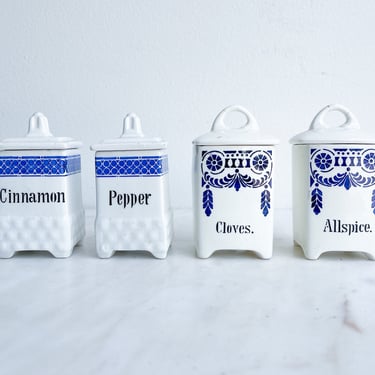 Antique Blue Stencil Spice Jars Blue and White Kitchen Modern Farmhouse German Canisters Spice Jars Shaker Pepper Allspice Cloves Cinnamon 