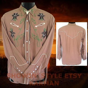 Karman Vintage Western Men's Cowboy, Rodeo Shirt, Beige with Embroidered Brown Flowers, Green Leaves, Approx. Small (see meas. photo) 