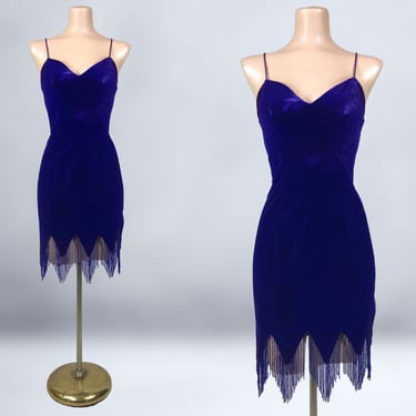 VINTAGE 80s Royal Purple Velvet Beaded Party Dress by Zum Zum Size 7/8 | 1980s Mini Cocktail Flapper Prom Dress | VFG 