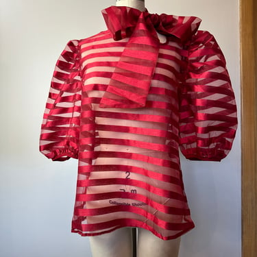 Red sheer striped peekaboo blouse~ big puff sleeves & a pussycat bow~ dark red satin sheen size M/L 