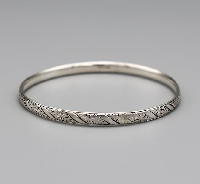 30's sterling enamel Art Deco vines bangle, 925 silver abstract leaf & ribbon stackable bracelet 