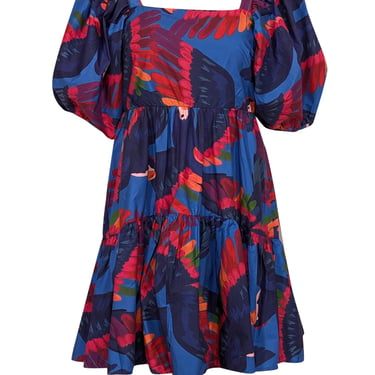 Farm - Blue w/ Rainbow Macaw Print Poplin Mini Dress Sz M