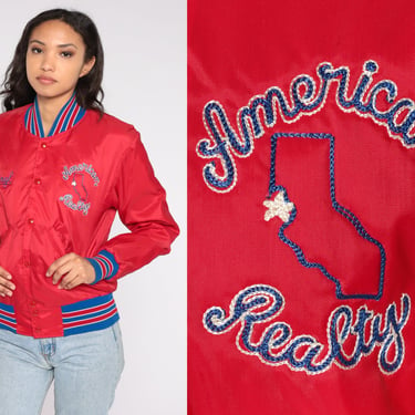 Embroidered Bomber Jacket 80s Red Uniform Windbreaker Cheryl American Realty Snap Up Warmup Retro Letterman Vintage 1980s Extra Small XS 