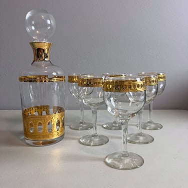Vintage Culver Glass Antigua Decanter and 6 Wine Glass Set Mid Century Modern 