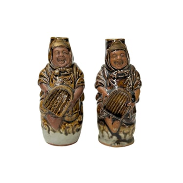 Pair Ceramic Handmade Brown Cheerful Basket Holding Jovial Figure Vases ws4443E 