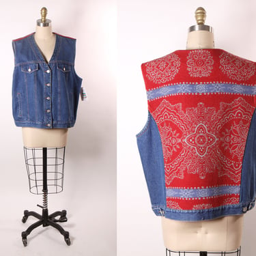 1990s Blue Denim and Red Wool Button Down Vest by Pendleton -XL 