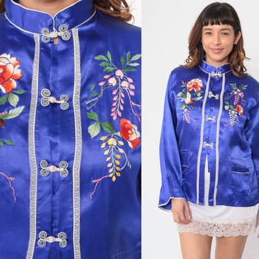 Embroidered Silk Blouse 90s Asian Inspired Frog Button up Top Blue Floral Bird Print Embroidery Shirt Hippie Bohemian Vintage 1990s Medium 
