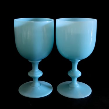 2 French Portieux Vallerysthal Blue Opaline Goblets /Wine Glasses 