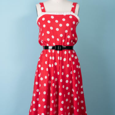 1970s KR of NY Red Polka Dot Sundress with Adjustable Straps and Elastic Waist 