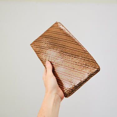 1980s 90s Vintage Copper Gold Mesh Bag Whiting and Davis Chainmail Evening Bag Clutch// Vintage Striped Metallic Metal Mesh Bag Small medium 