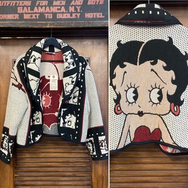 Vintage 1980’s Betty Boop Comic Cartoon Tapestry Sweater Jacket, 80’s Shawl Sweater, 80’s Jacket, 80’s New Wave, Vintage Clothing 