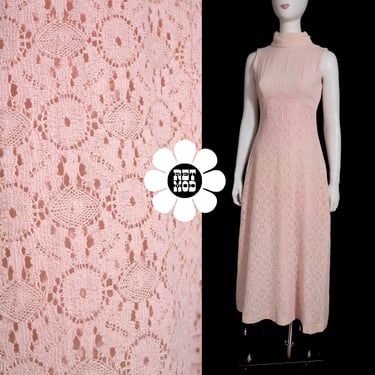 Pretty Vintage 60s 70s Pastel Pink Crochet Style Sleeveless Maxi Dress 