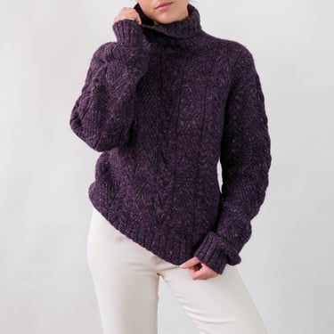 Vintage 90s Polo Ralph Lauren Aubergine Wool & Linen Cable Hand Knit Turtleneck Sweater | Made in Uruguay | Unisex | 1990s Designer Sweater 