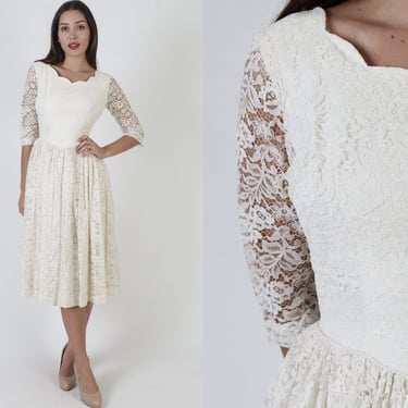 Classic 70s Floral Lace Dress, Ivory Traditional Full Skirt Bridal Gown, Country Wedding Mini Midi Outfit 