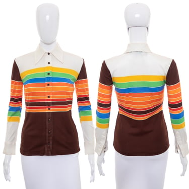 1970's Huk A Poo Multicolor Striped Long Sleeve Blouse Size S