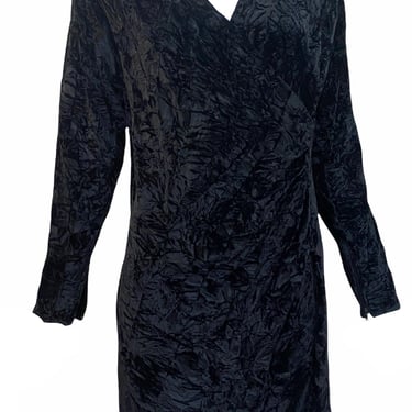 Saint Laurent Rive Gauche 80s Black Crushed Velvet Wrap Cocktail Dress