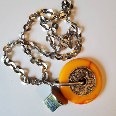 Vintage silver chain with large orange deco and cubed rainbow aura quartz by Amanda Alarcon-Hunter for Minx and Onyx 