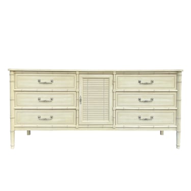 Henry Link Bali Hai Dresser with 9 Drawers 70" Long Vintage Creamy White Faux Bamboo Shutter Louver Door Hollywood Regency Coastal Credenza 