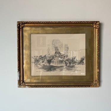 50's Vintage " the Trevi Fountain - Rome " Etching Painting 