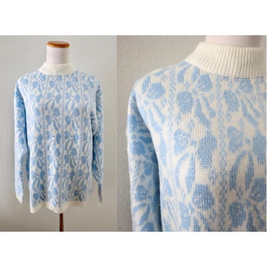 Vintage Bow Print Sweater - 80s Pastel Blue & White Soft Pullover - Kawaii Novelty - Size Large 