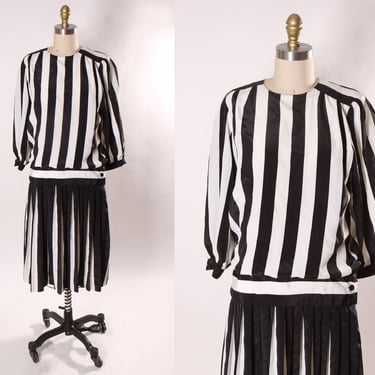 1980s Does 1920s Black and White Striped Beetlejuice Long Sleeve Drop Waist Pleated Skirt Dress by Short Chic Petites by Allison Leopald -L 
