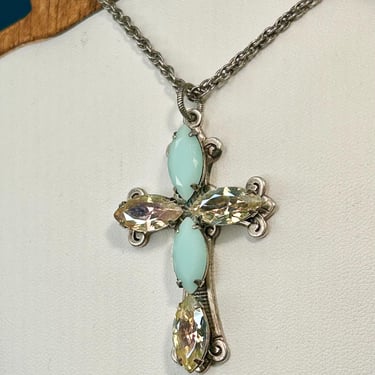 Crystal Cross Pendant Necklace Lizpaiacios SF Blue And Iridescent Clear Signed Vintage Retro 