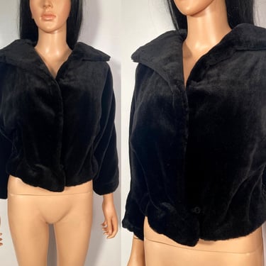 Vintage 50s Black Teddy Faux Fur Dolman Sleeve Cropped Cinch Waist Bolero Jacket Size M 