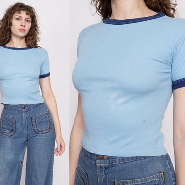 70s Blue Cropped Ringer Tee - Extra Small | Vintage Distressed Fitted Crew Neck Crop Top T Shirt 