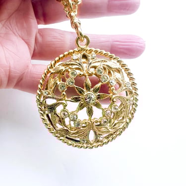 Vintage Accessocraft Pendant with Magnifying Glass, Filigree Pendant with Rhinestones, Gold Necklace with Chunky Chain, Costume Jewelry 