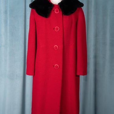 Vintage 1960s Forstmann Red Wool Bouclé Overcoat with Scalloped Fur Collar 