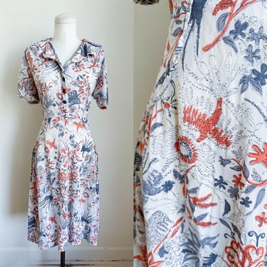 Vintage 1940s Floral / Bird Novelty Print Rayon Dress / M 