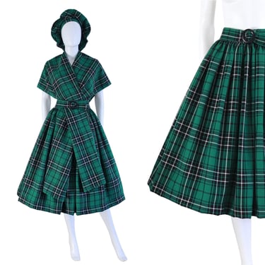 EXCLUSIVE Early 1950's Inspired Tartan Plaid Wool 4 Piece Ensemble - 1950s Plaid Fit & Flare Skirt - Tartan Plaid Skirt | Size Small / Med 