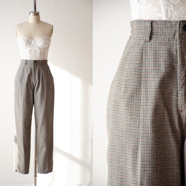 high waisted pants | 90s vintage Lee Casuals brown green houndstooth checkered plaid dark academia cotton trousers 