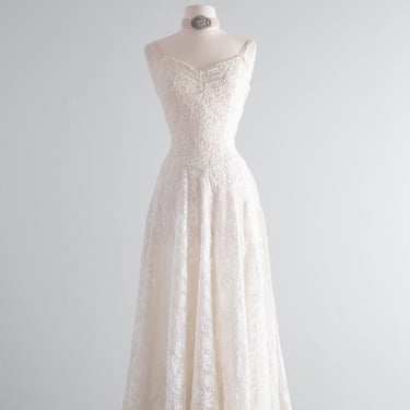 Ethereal 1940's Embroidered Net Ivory Midi Length Dress / Small