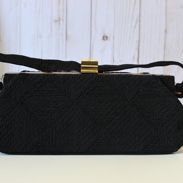 Vintage 40s 1950's Black Corde Rayon brass Handbag Purse Retro change cord purse Art Deco Style volup pinup kelly 