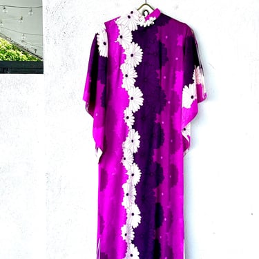 Vintage 60s 70s Pake Muumuu Hawaiian Dress 1960s 1970s Hawaii Psychedelic Floral Purple Bell Sleeve Dress 