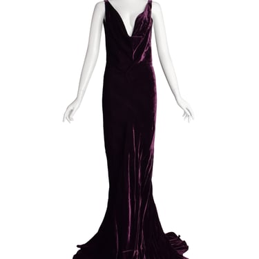 Krizia Vintage Archival Mulberry Velvet Plunging Neckline Ultra Low Back Gown with Train