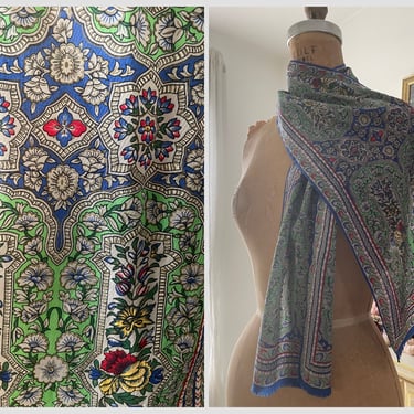 Vintage Oscar de la Renta bohemian silk scarf | long rectangular scarf, intricate India floral pattern 