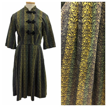 Vintage VTG 1950s 1950s Green Black Woven Dress 